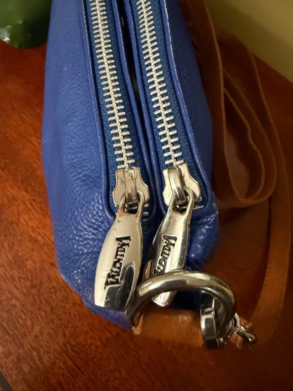 Valentina Triple Entry Pebbled Blue Leather Crossbody with Tan Strap